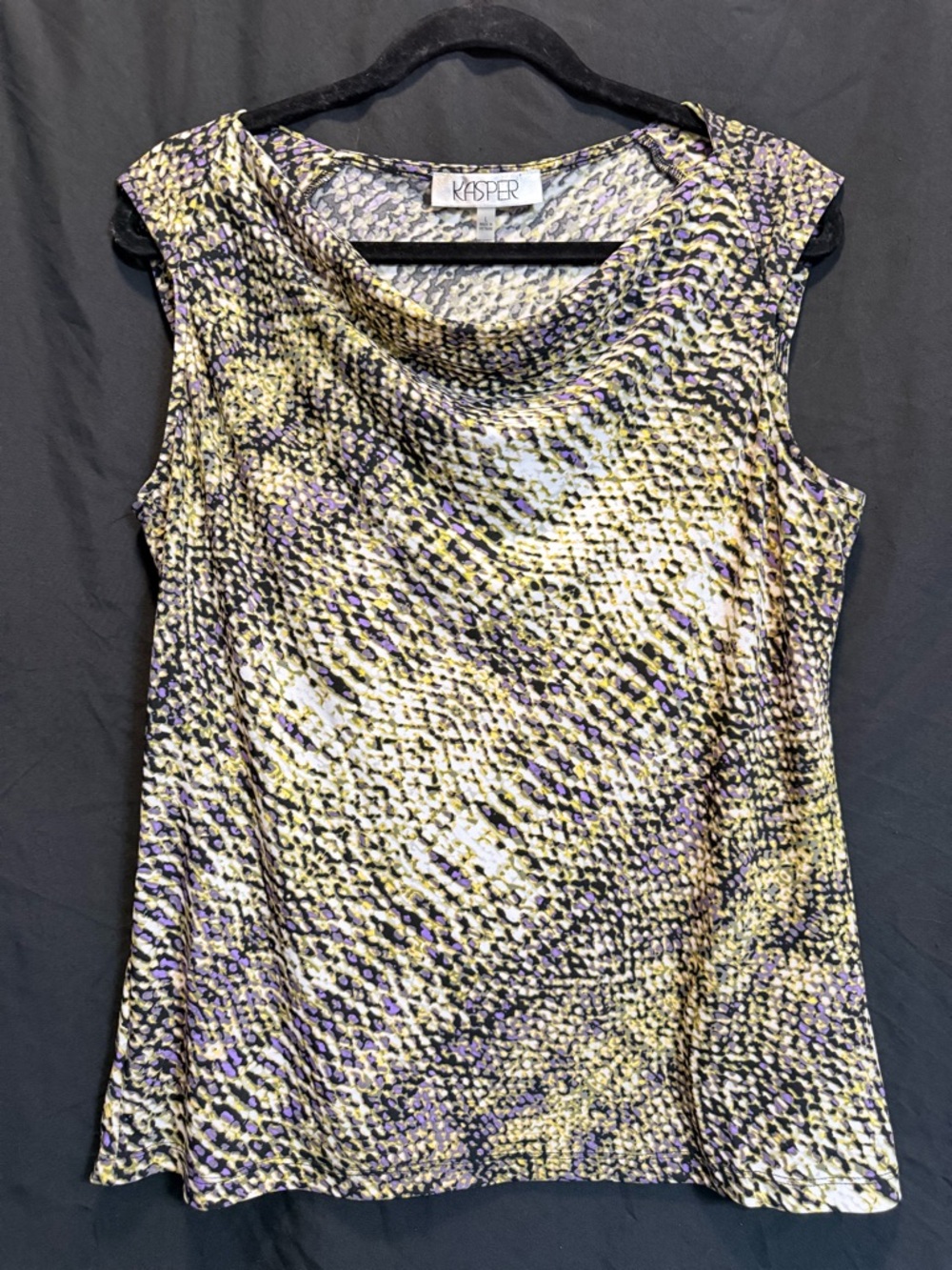 Kasper Sleeveless Cowl Neck Top in Yellow, Purple & Black Print